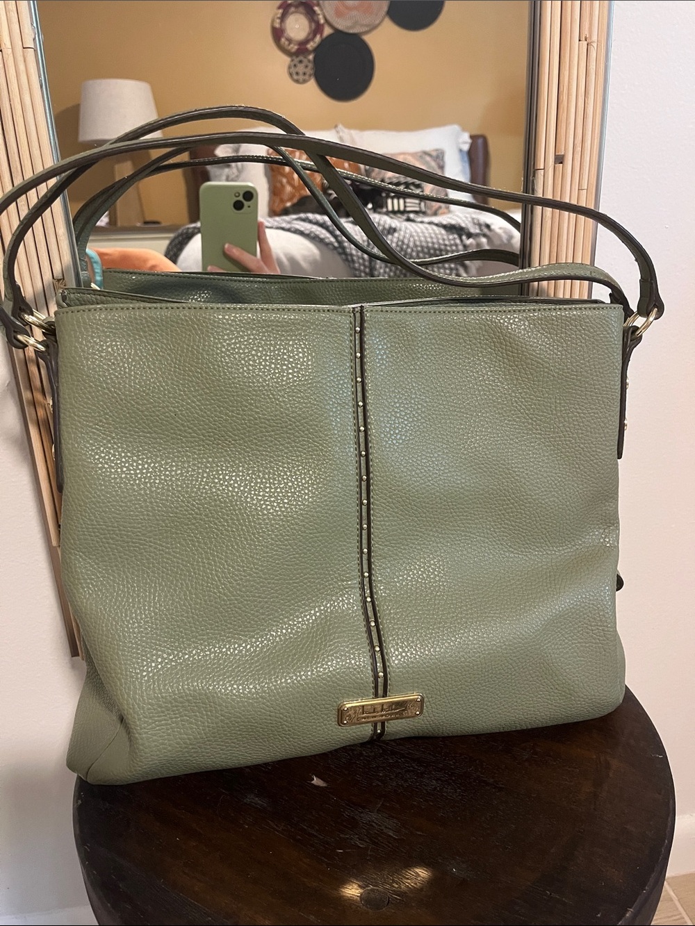 Nicole Miller Sage Green Leather Shoulder Bag with Gold Accent
